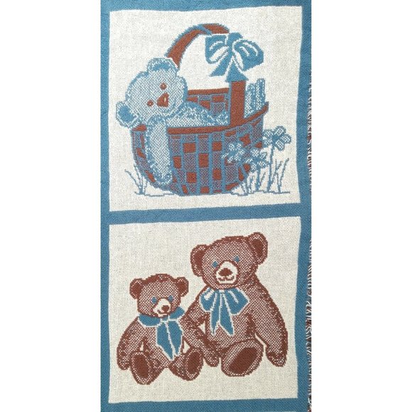 Tapestry Throw Blanket Vintage Teddy Bears Hearts MWW 1992 48" x 71" Fringe Blue - Picture 9 of 11